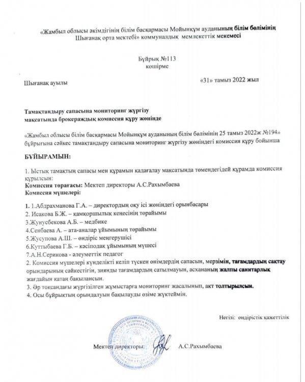 Тамақтандыру сапасына мониторинг жүргізу мақсатында брокераждық комиссия құру жөнінде